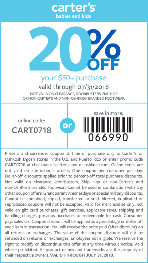 Carters Coupon April 2024 20% off $50 at Carters, or online via promo code CART0718