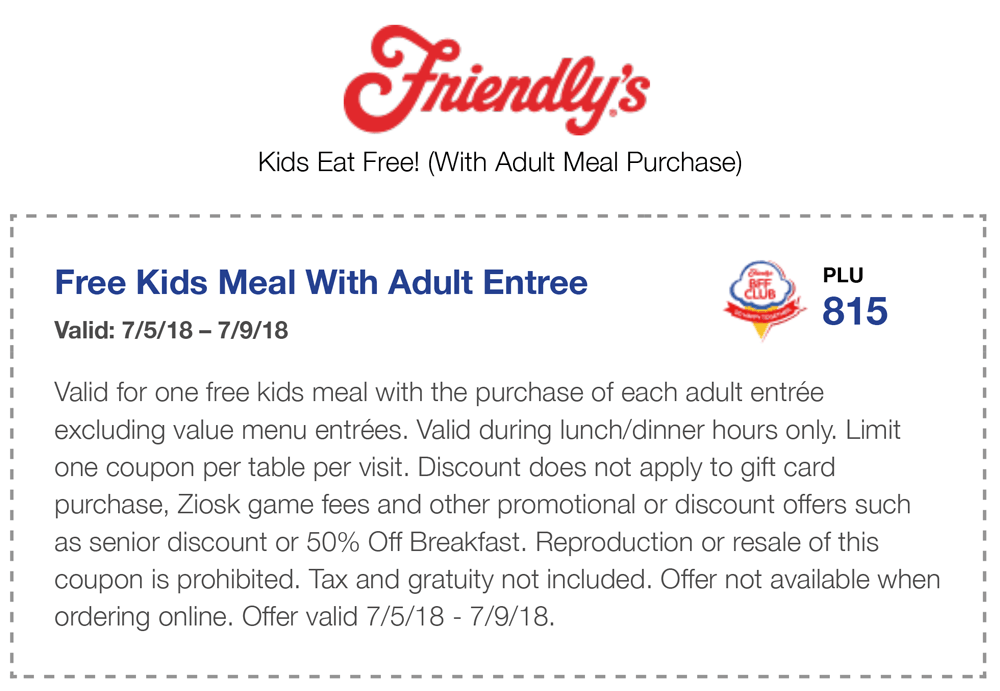Friendlys Coupon April 2024 Free kids meal with your entree at Friendlys