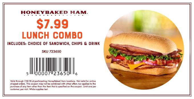HoneyBaked Coupon April 2024 Sandwich + chips + drink = $8 at Honeybaked Ham