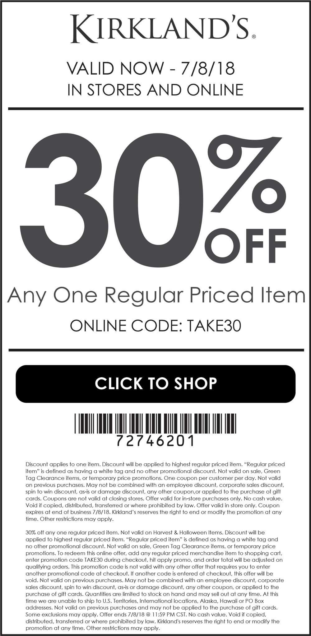 Kirklands February 2020 Coupons and Promo Codes on Kirkland's 30% Off One Item id=81222