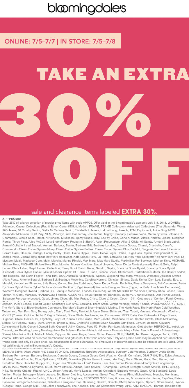 Bloomingdales Coupon April 2024 Extra 30% off sale items at Bloomingdales, ditto online