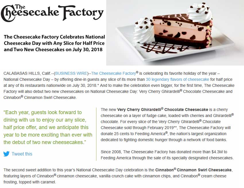 Cheesecake Factory coupons & promo code for [May 2024]