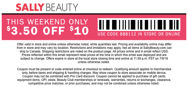 Sally Beauty Coupon April 2024 $3.50 off $10 at Sally Beauty, or online via promo code 888112