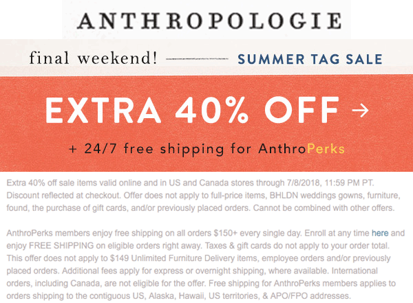 Anthropologie Coupon April 2024 Extra 40% off sale items today at Anthropologie, ditto online
