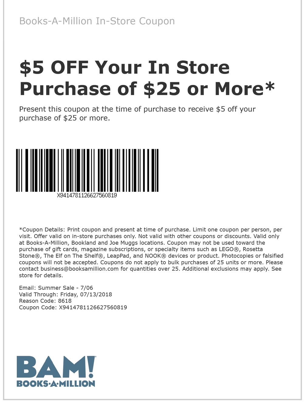 Books-A-Million Coupon May 2024 $5 off $25 at Books-A-Million