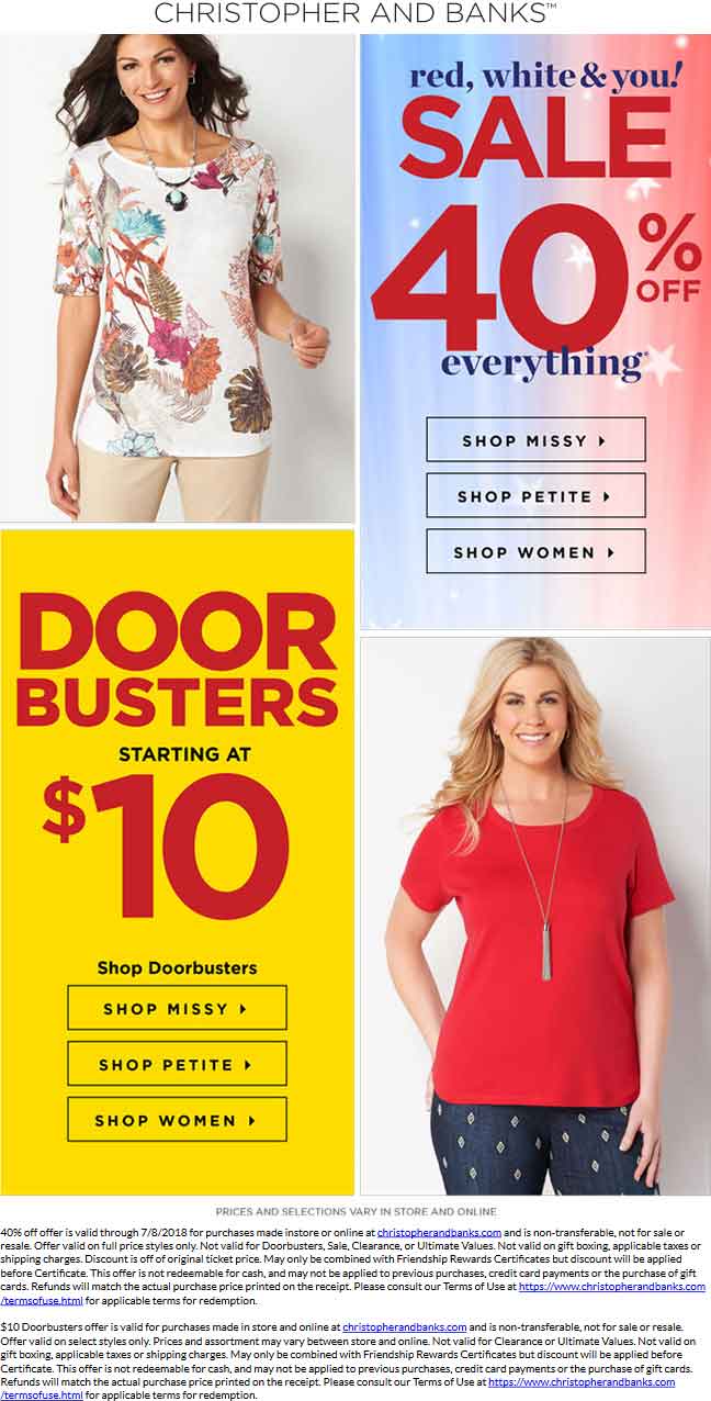 Christopher And Banks Coupon April 2024 40% off everything today at Christopher and Banks, ditto online