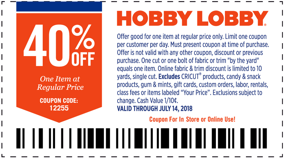 Hobby Lobby Coupon March 2024 40% off a single item at Hobby Lobby, or online via promo code 12255