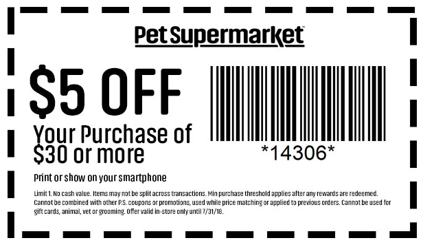 Pet Supermarket Coupon March 2024 $5 off $30 at Pet Supermarket