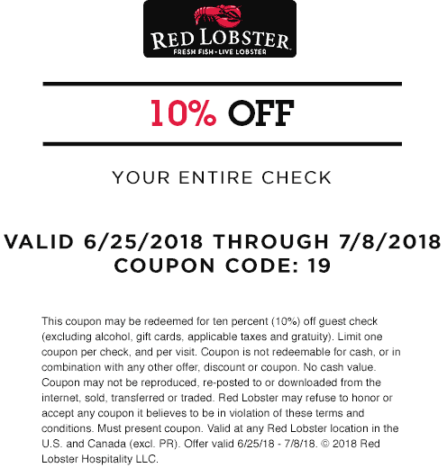 Red Lobster Coupon April 2024 10% off today at Red Lobster restaurants