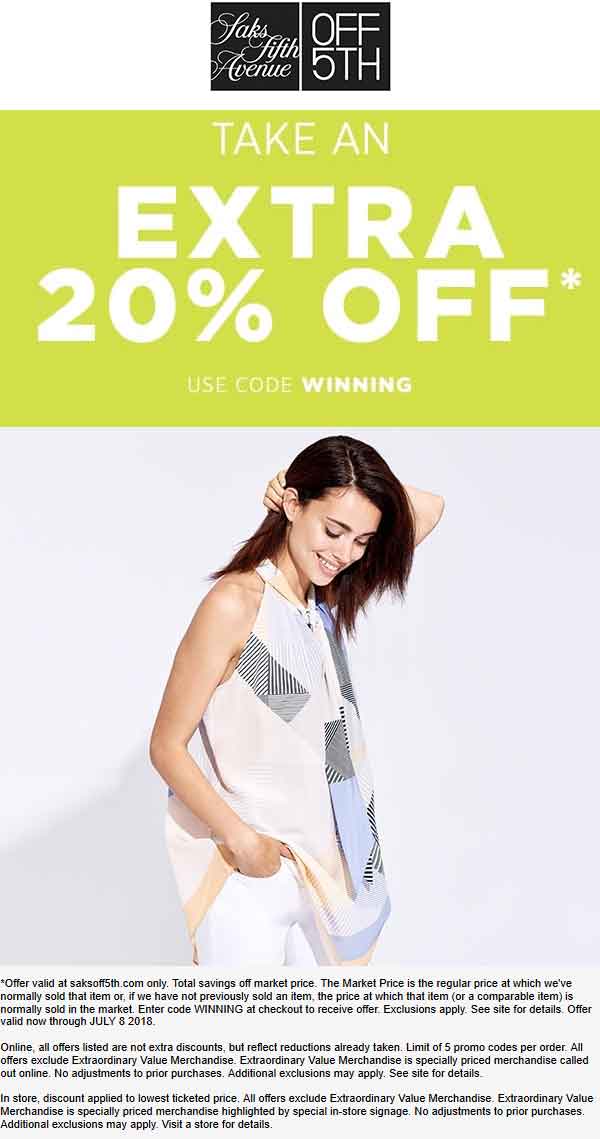 OFF 5TH Coupon April 2024 Extra 20% off online today at Saks OFF 5TH via promo code WINNING