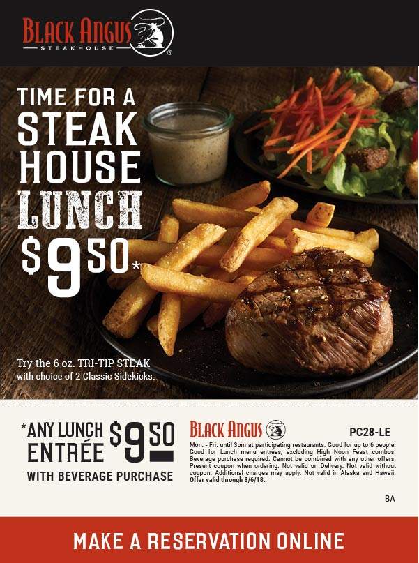 Black Angus Coupon April 2024 Any lunch entree = $9.50 at Black Angus steakhouse