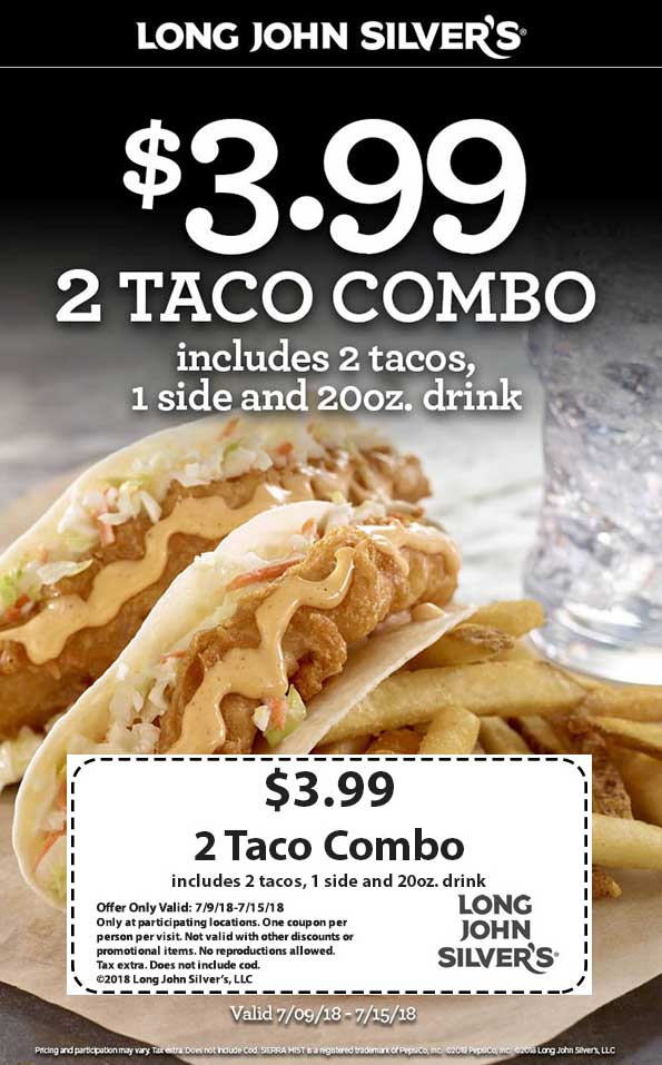 Long John Silvers Coupon April 2024 2 tacos + side + drink = $4 at Long John Silvers