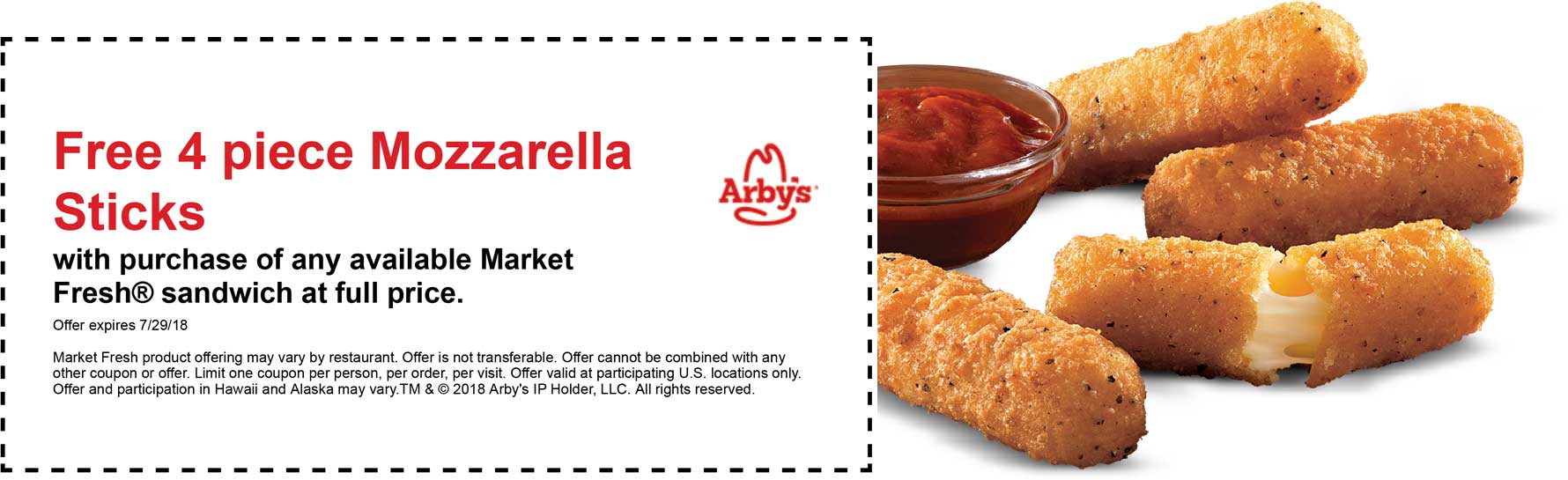 Arbys Coupon April 2024 Free mozzarella sticks with your sandwich at Arbys