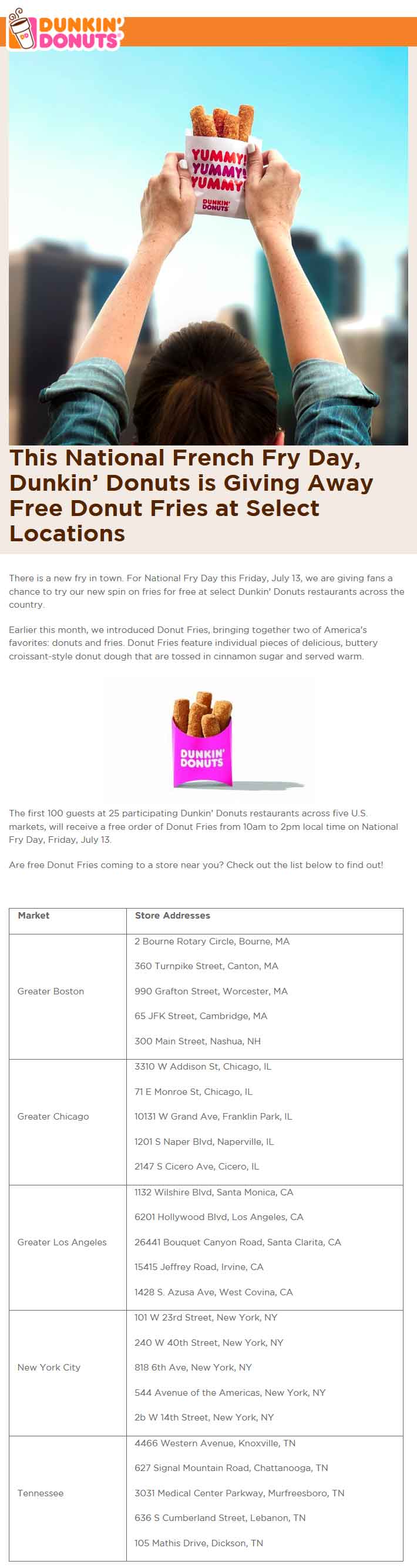 Dunkin Donuts Coupon March 2024 Free donut fries Friday at various Dunkin Donuts locations