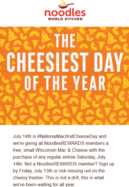 Noodles & Company Coupon April 2024 Free mac & cheese with your entree Saturday at Noodles & Company