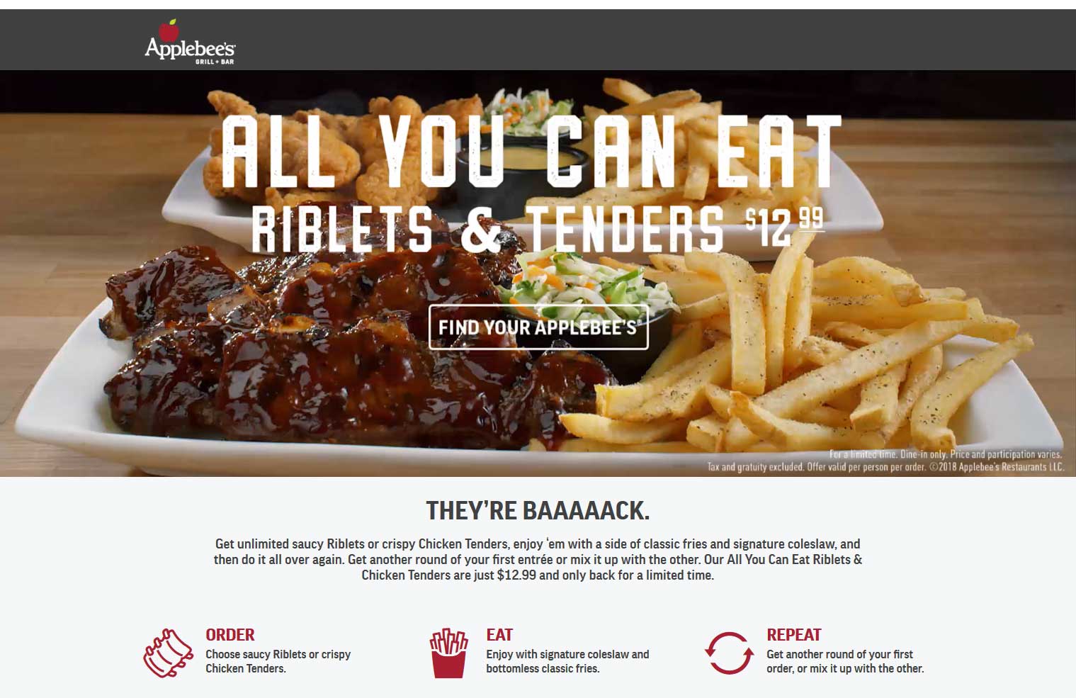 Applebees Coupon April 2024 Bottomless riblets & chicken tenders = $13 at Applebees restaurants