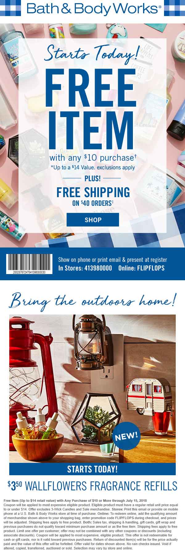 Bath & Body Works Coupon April 2024 $14 item free with $10 spent at Bath & Body Works, or online via promo code FLIPFLOPS