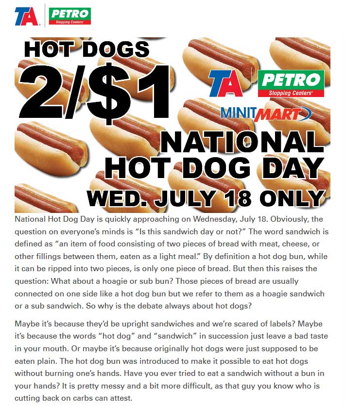 Gas Station Coupon April 2024 2 Hot dogs for $1 the 18th at Travel America, Petro & MinitMart gas stations