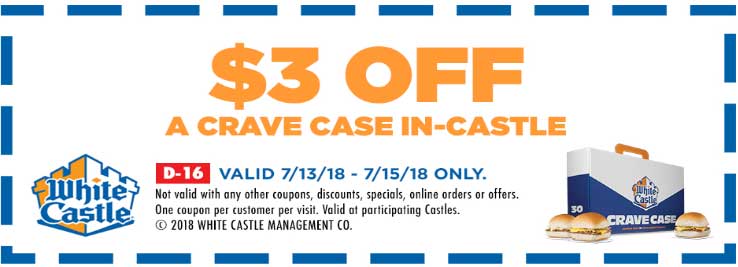 White Castle Coupon April 2024 $3 off a crave case of burgers at White Castle, or $4 online via promo code EMAIL