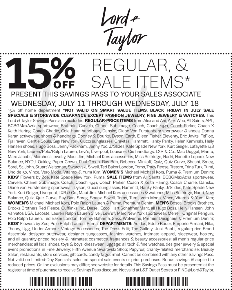 Lord & Taylor Coupon April 2024 15% off at Lord & Taylor, or online via promo code FRIDAY
