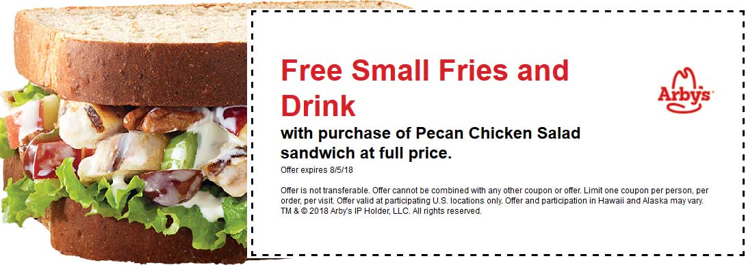 Arbys Coupon April 2024 Free fries & drink with your pecan chicken sandwich at Arbys