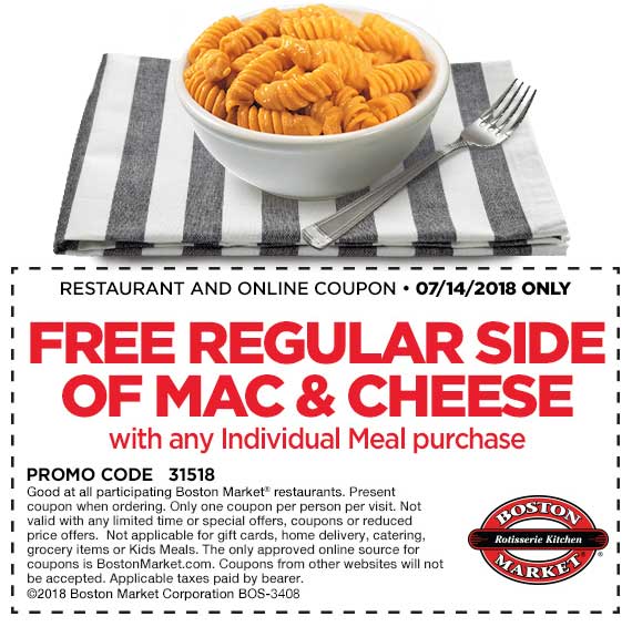 Boston Market Coupon April 2024 Free mac & cheese with your meal today at Boston Market