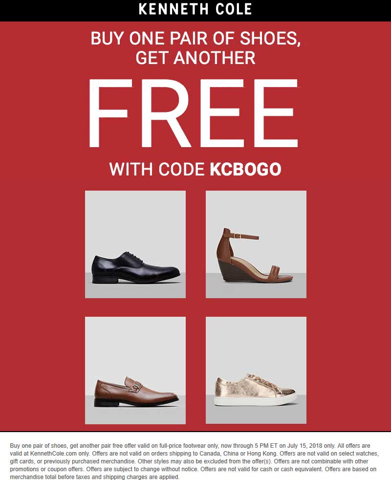 Kenneth Cole Coupon March 2024 Second pair shoes free online at Kenneth Cole via promo code KCBOGO