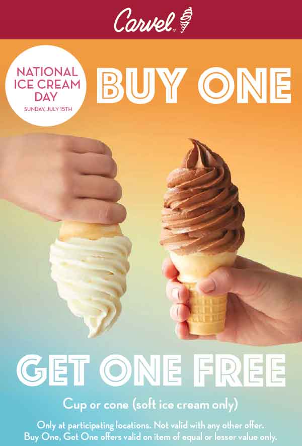 Carvel Coupon March 2024 Second ice cream cone free today at Carvel