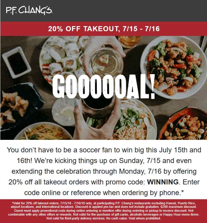 P.F. Changs Coupon April 2024 20% off takeout at P.F. Changs restaurant via promo code WINNING