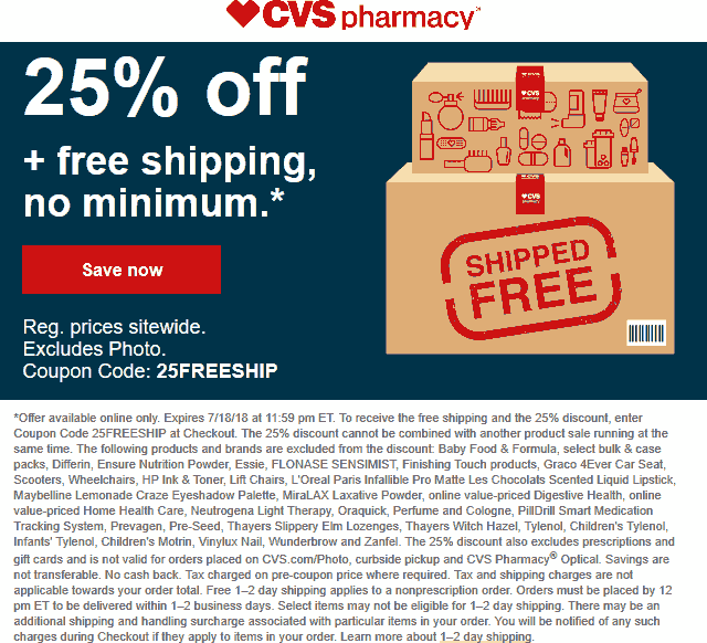 CVS Pharmacy Coupon April 2024 25% off + free ship online at CVS Pharmacy via promo code 25FREESHIP