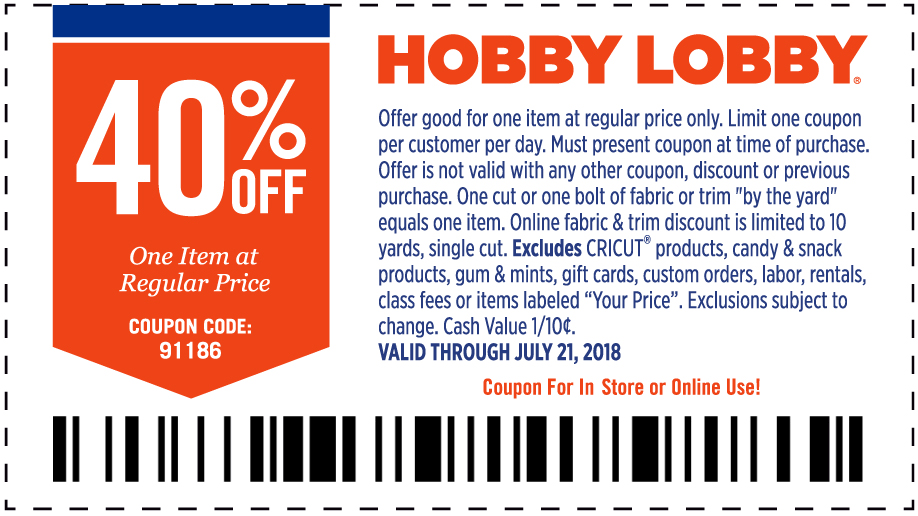 Hobby Lobby Coupon April 2024 40% off a single item at Hobby Lobby, or online via promo code 91186
