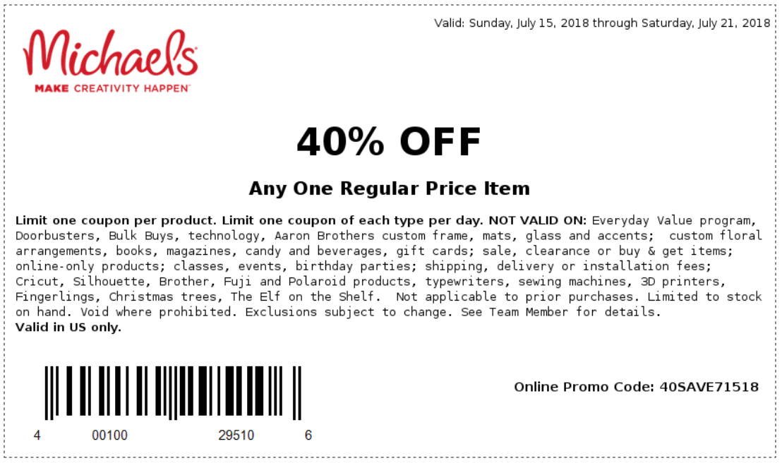 Michaels Coupon April 2024 40% off a single item at Michaels, or online via promo code 40SAVE71518