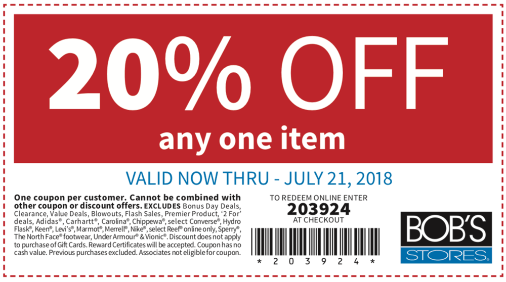 Bobs Stores Coupon April 2024 20% off a single item at Bobs Stores, or online via promo code 203924