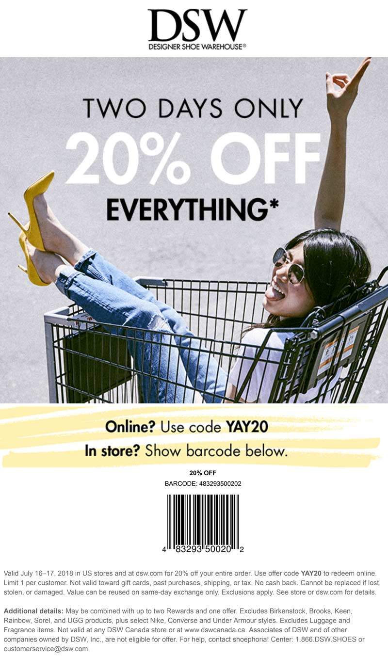 DSW Coupon April 2024 20% off everything today at DSW, or online via promo code YAY20