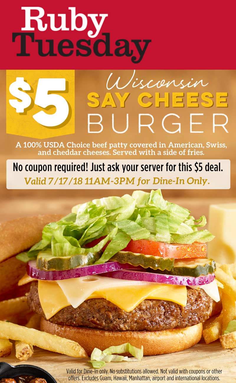 Ruby Tuesday Coupon April 2024 $5 cheeseburger + fries today for lunch at Ruby Tuesday