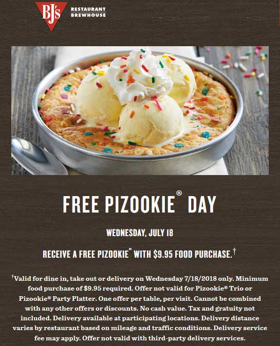 BJs Restaurant Coupon March 2024 Free pizookie today with $10 spent at BJs Restaurant