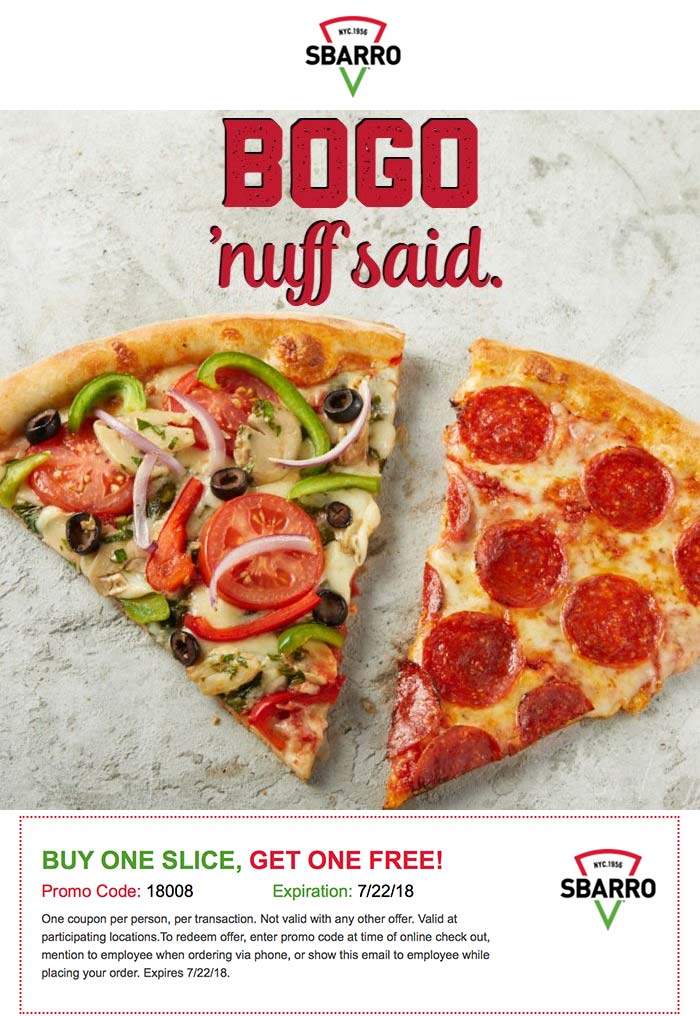 Sbarro Coupon April 2024 Second slice free at Sbarro pizza