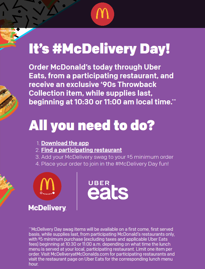 McDonalds Coupon April 2024 Free t-shirt with your meal delivery today at McDonalds