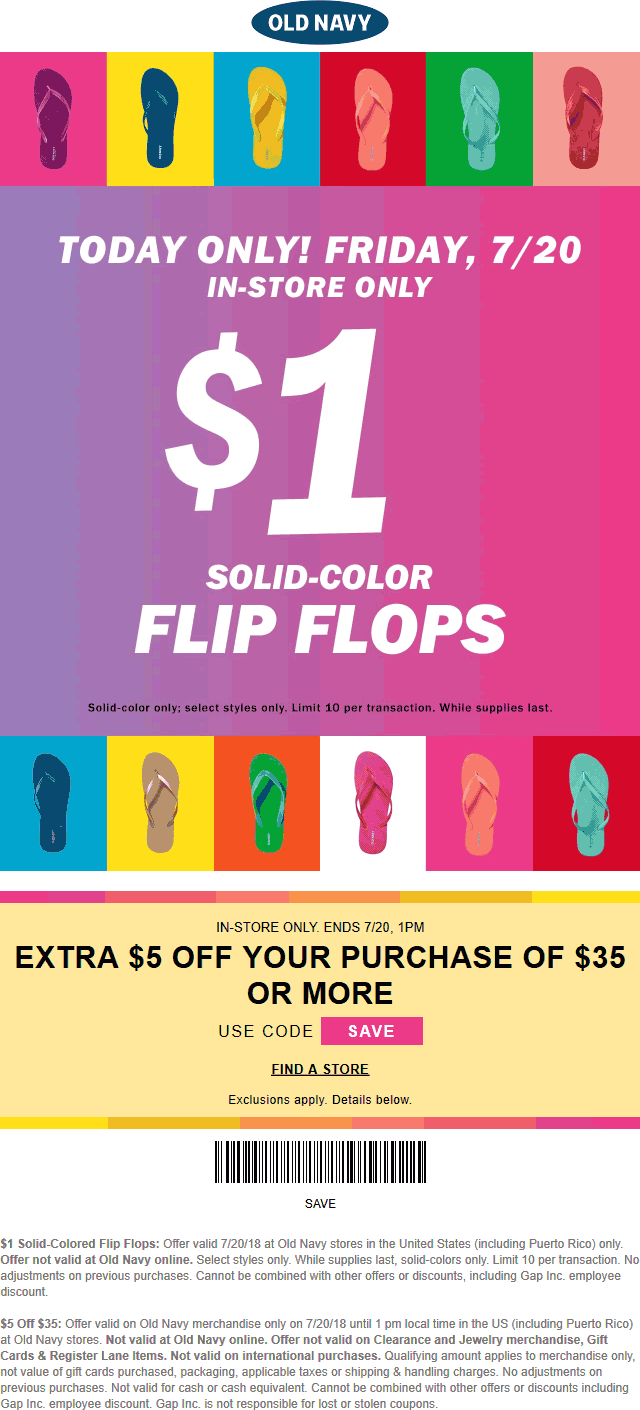 Old Navy Coupon April 2024 $1 flip flops + $5 off $35 today at Old Navy