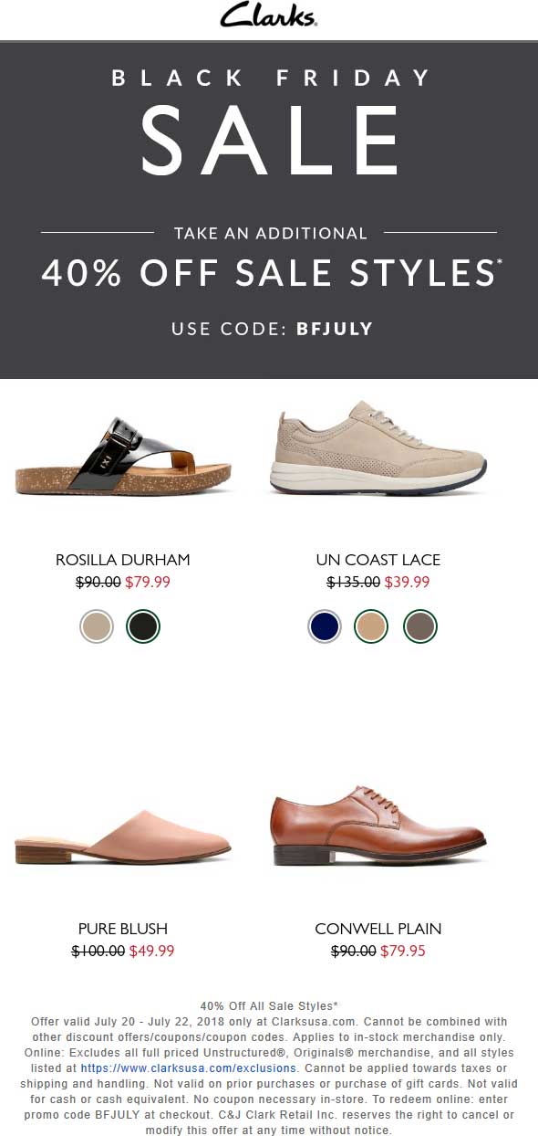 Clarks Coupon April 2024 Extra 40% off sale items online at Clarks via promo code BFJULY