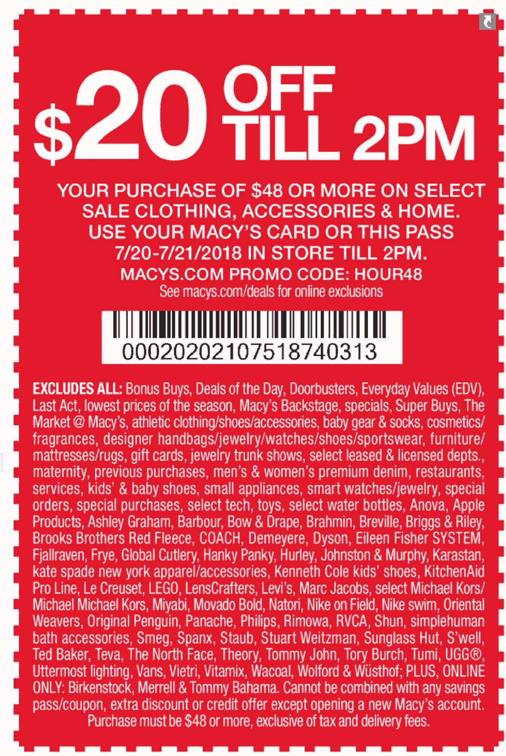 Macys Coupon March 2024 $20 off $48 til 2p today at Macys, or online via promo code HOUR48