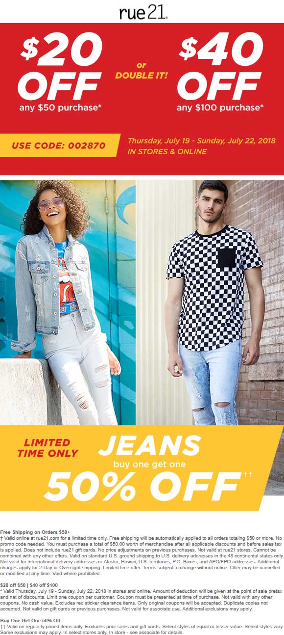 Rue21 Coupon April 2024 $20 off $50 & more at rue21, or online via promo code 002879