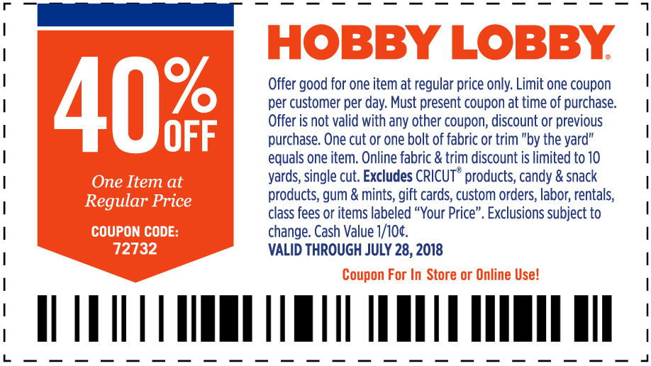 Hobby Lobby Coupon April 2024 40% off a single item at Hobby Lobby, or online via promo code 72732