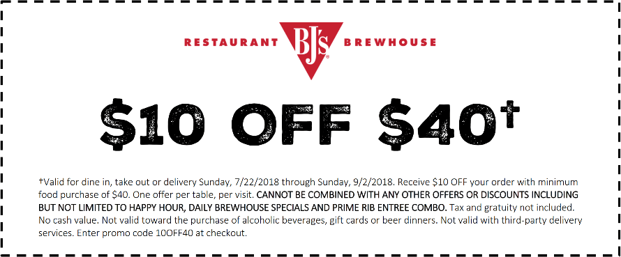 BJs Restaurant Coupon April 2024 $10 off $40 at BJs Restaurant