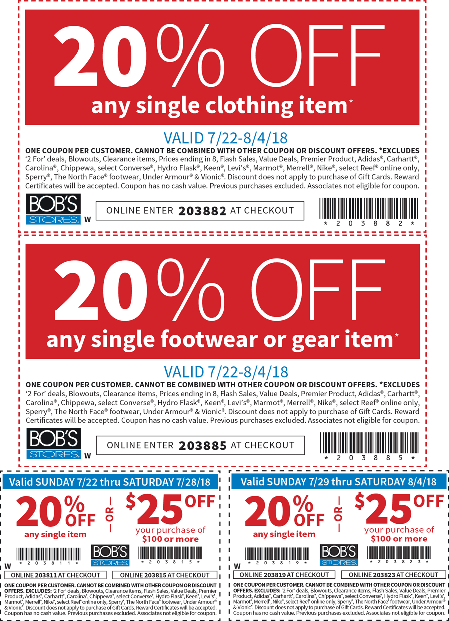 Bobs Stores Coupon April 2024 20% off a single item at Bobs Stores, or online via promo code 203882