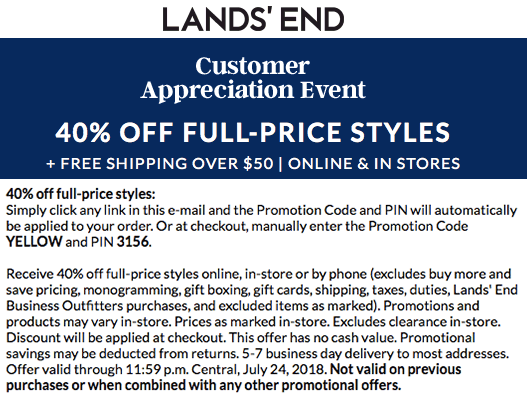Lands End Coupon April 2024 40% off at Lands End, or online via promo code YELLOW & pin 3156