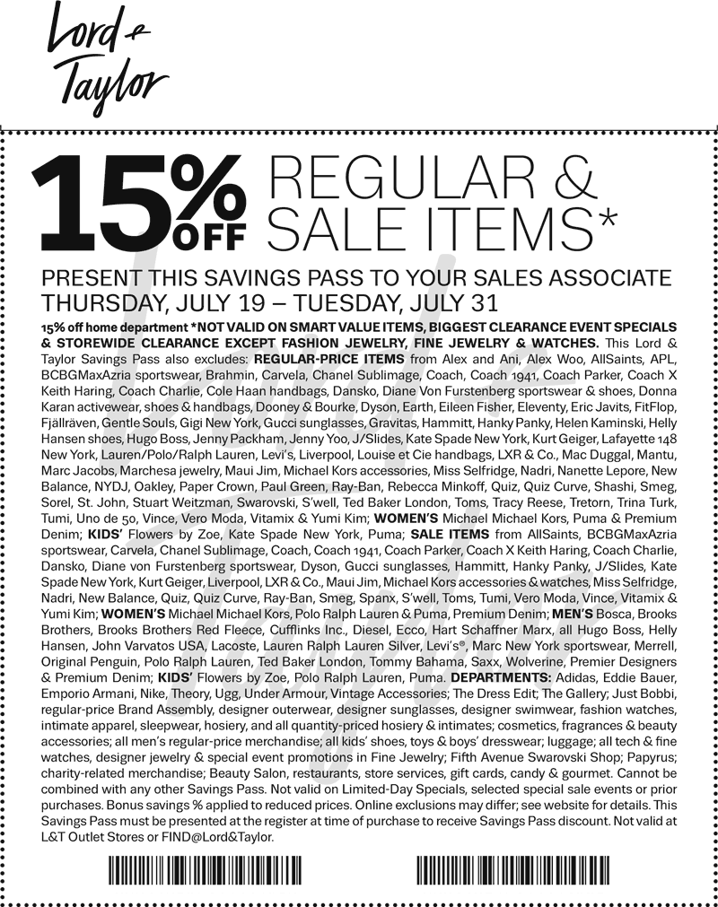 Lord & Taylor Coupon March 2024 15% off at Lord & Taylor, or online via promo code JULY