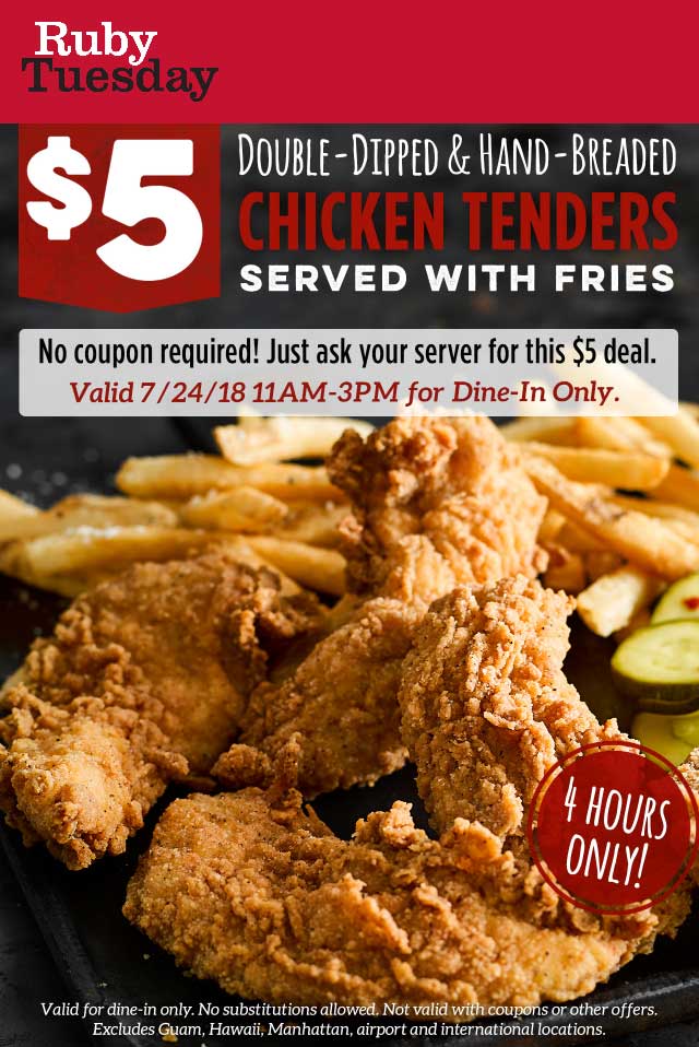 Ruby Tuesday Coupon March 2024 Chicken tenders + fries + $5 Wednesday at Ruby Tuesday