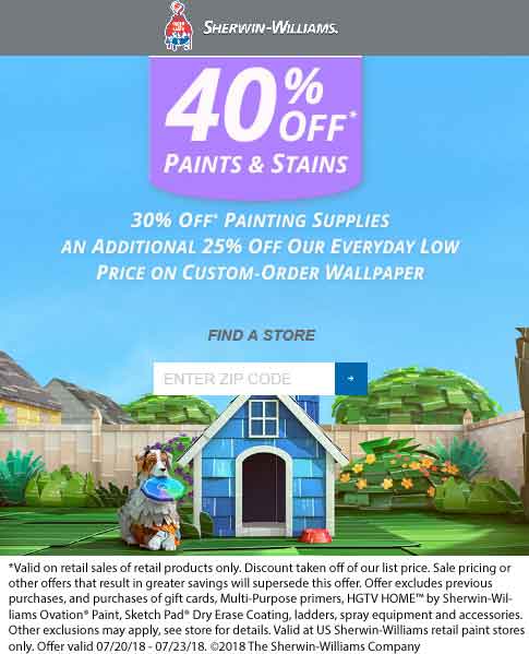 Sherwin Williams Coupon May 2024 40% off paints & stains today at Sherwin Williams