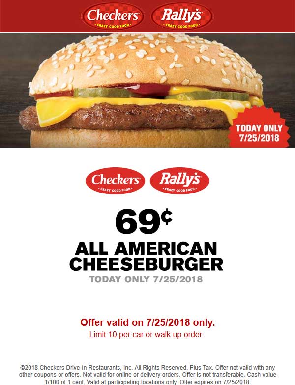 Checkers Coupon April 2024 .69 cent cheeseburgers today at Rallys & Checkers restaurants